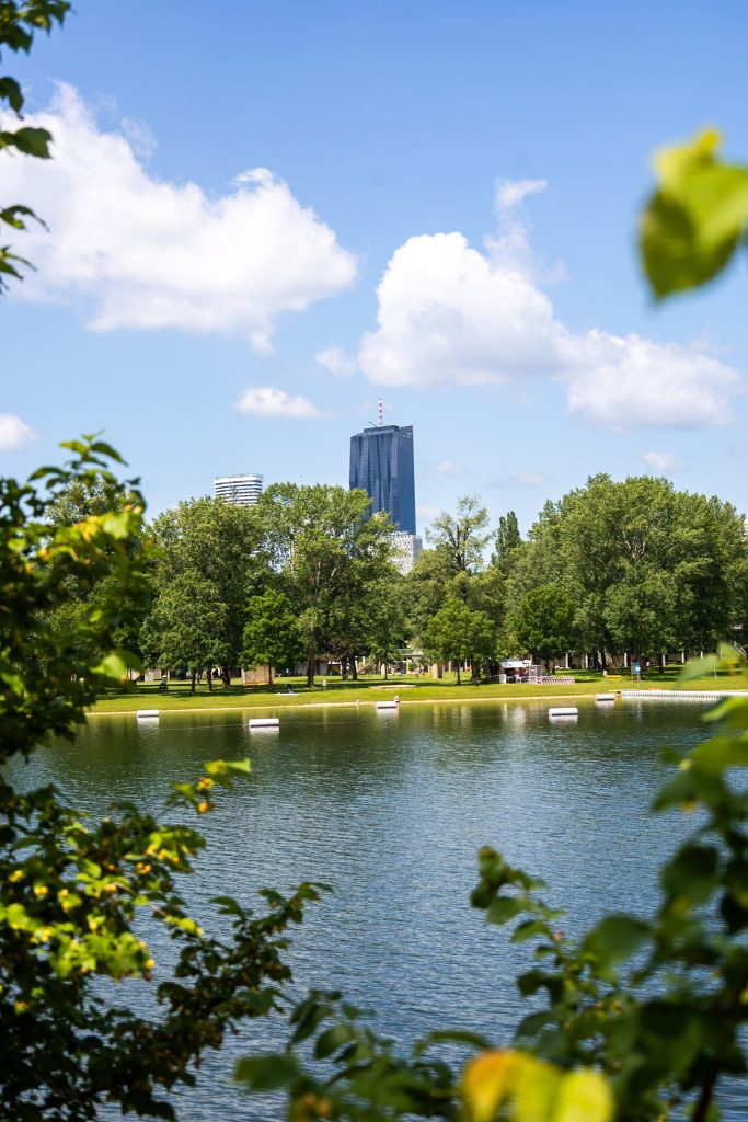Blick von der Promenade an der Unteren Alten Donau in Wien auf das Wasser und die Bäume.