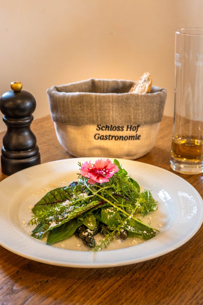 Plate with tarter with asparagus at the restaurant Kräutergarten at Schloss Hof near Vienna.