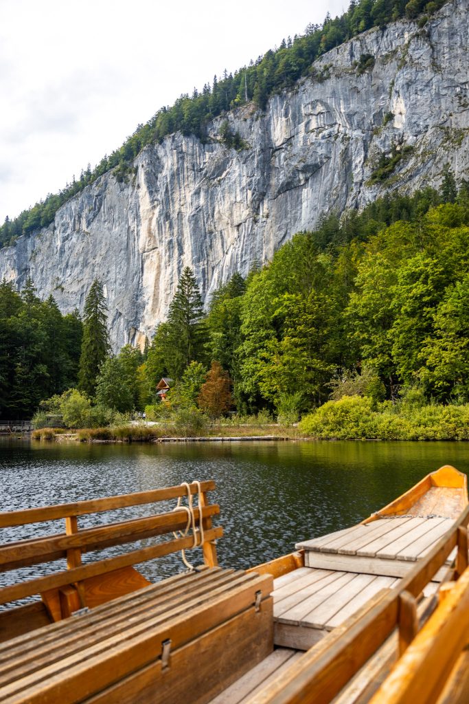 Traditional Plätte at lake Toplitzsee in Ausseerland in Styria, mountain in the background.